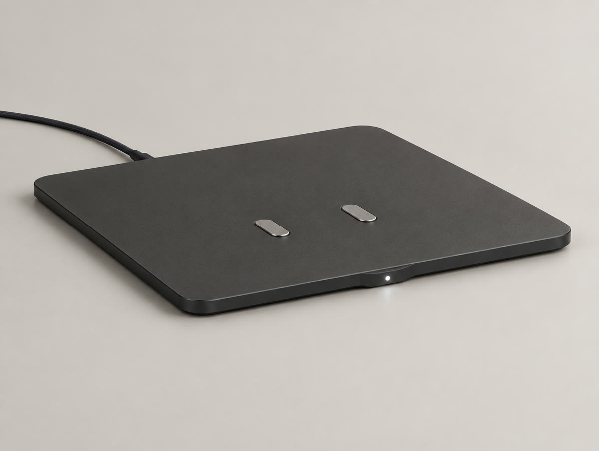 Slim charcoal charging plate with two flush contact pads and a small status light.