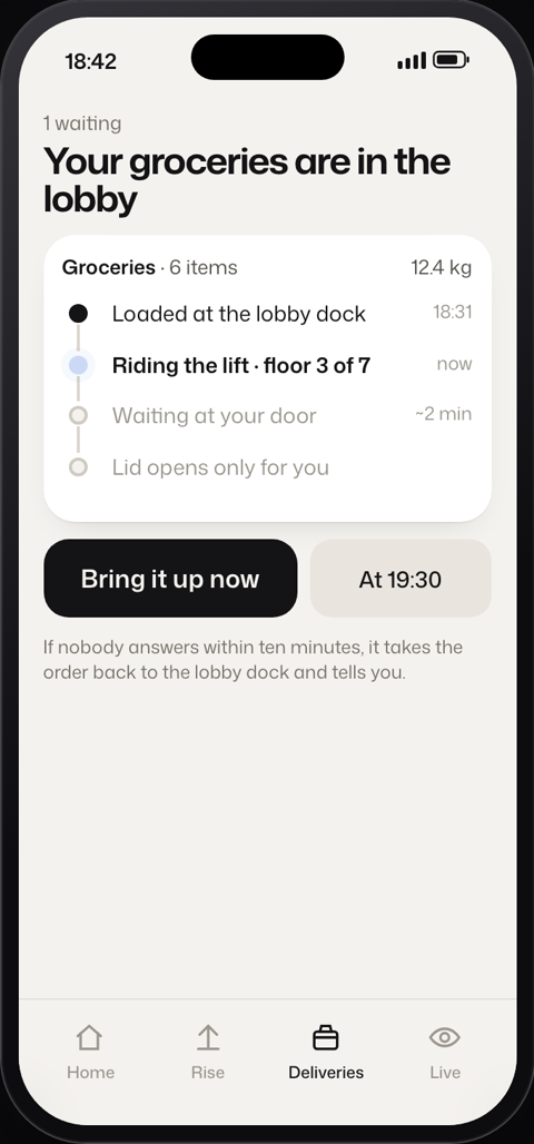 App deliveries screen: an order moving from the lobby dock to the door.