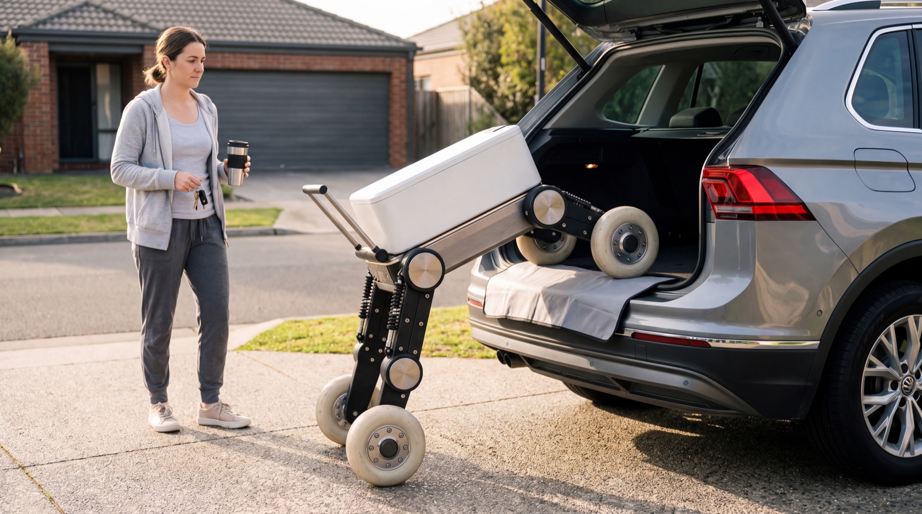 Tag steps into an SUV boot onto a protective mat while its owner holds her keys.