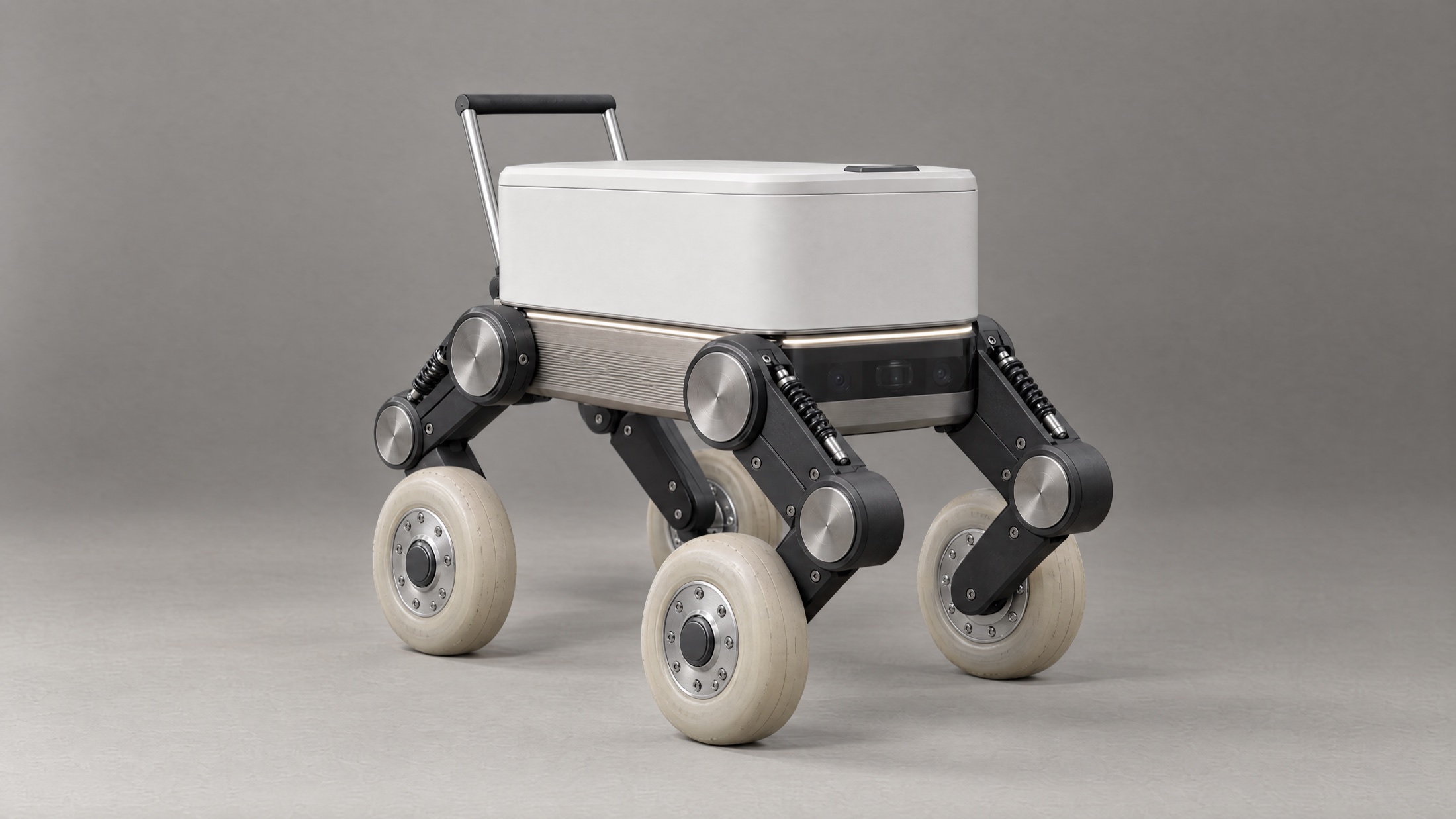 Tag: titanium chassis, chalk-white covered bay, black legs with coil-over shocks and bone polyurethane wheels.