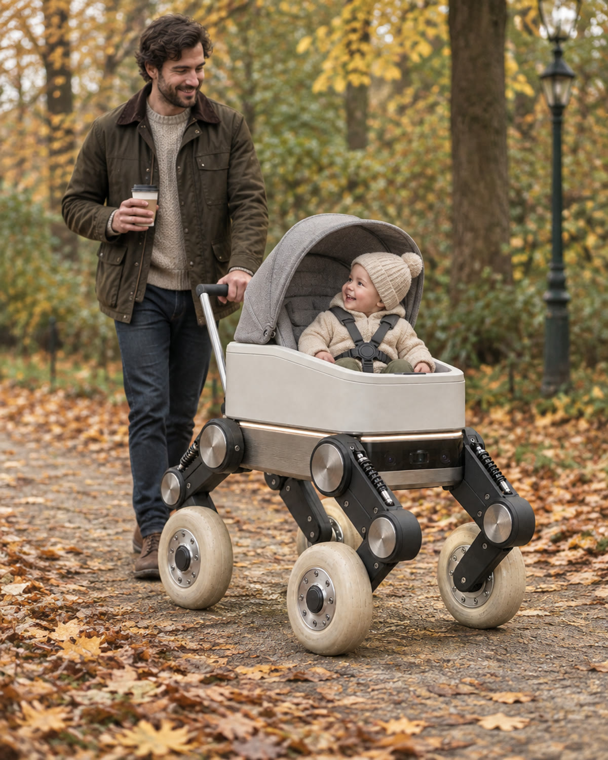 A toddler sits harnessed in the Nest seat sunk into Tag's body while his father walks behind holding the handle and a coffee.