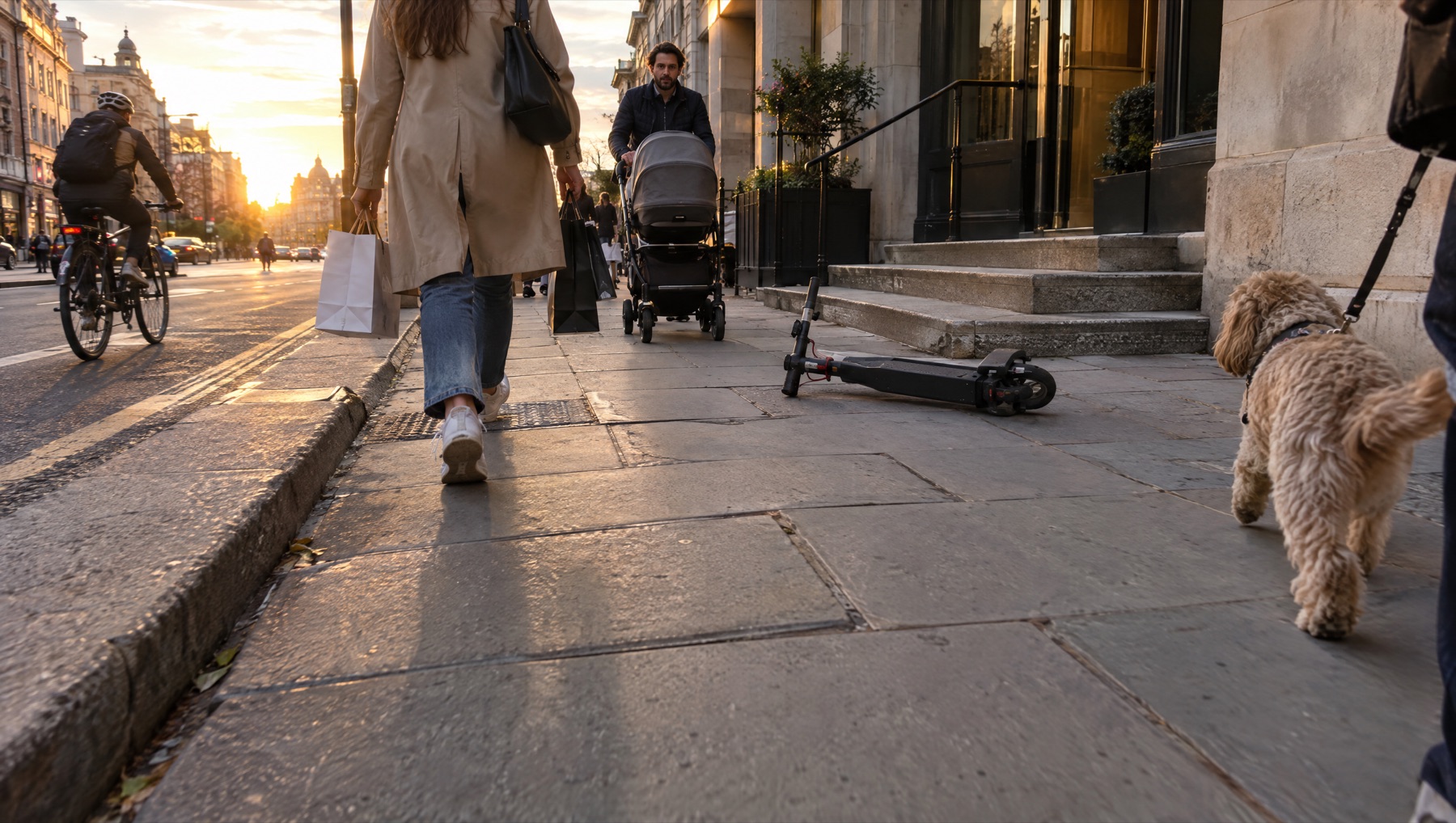 The view from Tag's camera on a city pavement: a woman with shopping bags ahead, a man with a pram, a dog, a fallen e-scooter, a kerb and steps.