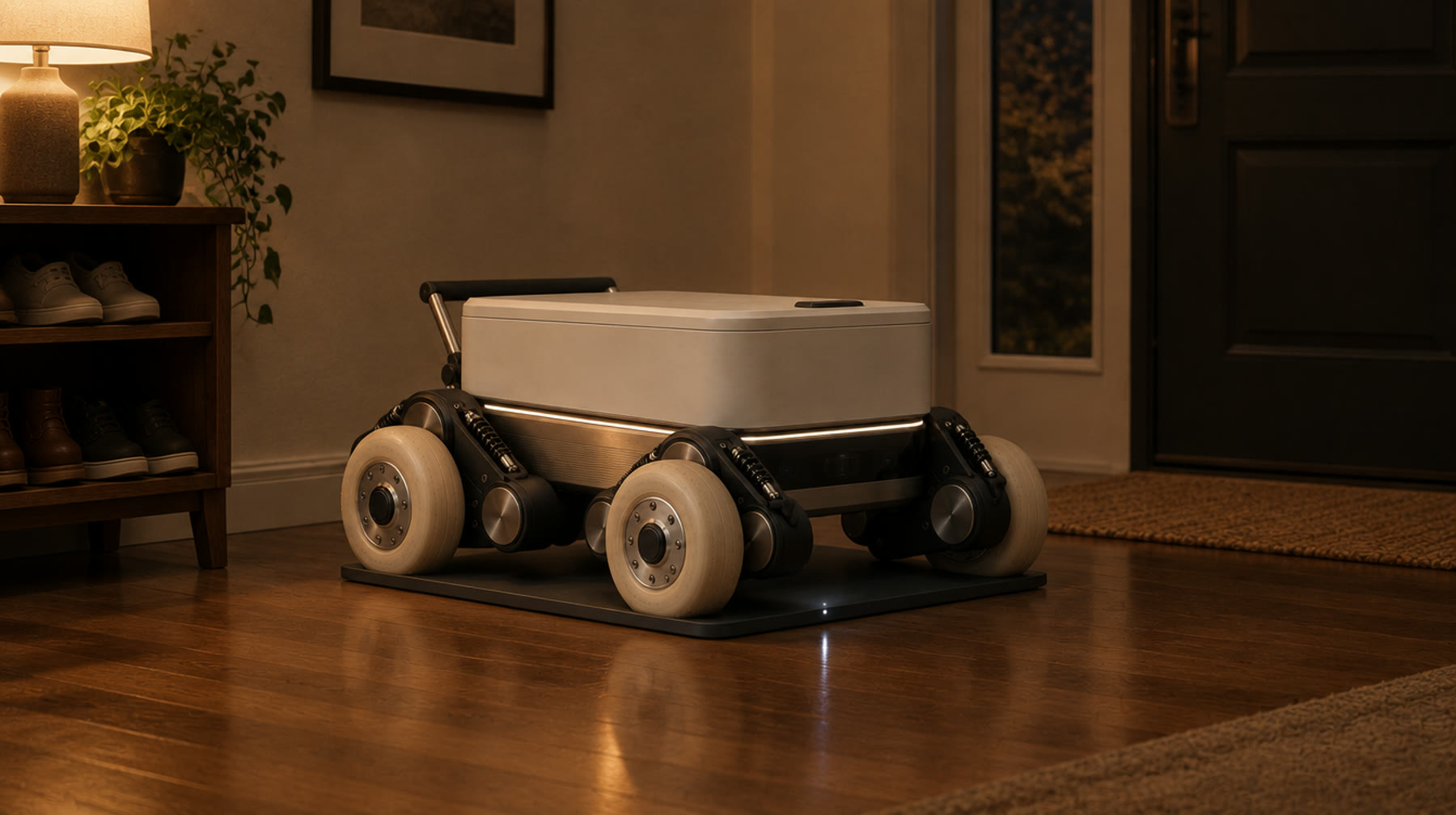 At night in a quiet hallway, Tag sits kneeling on its slim charcoal charging plate by the front door, lid closed, light almost off, a small white dot glowing on the dock.